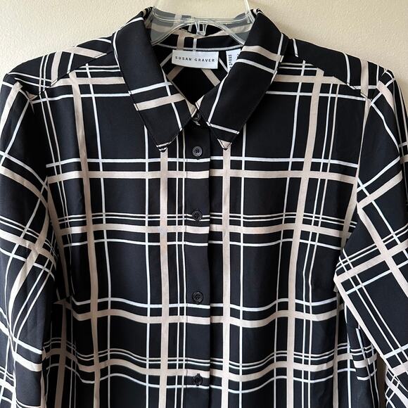 Susan Graver Blouse Top Plaid Button Down Relaxed Black Tan Small Classic Office - Picture 2 of 11